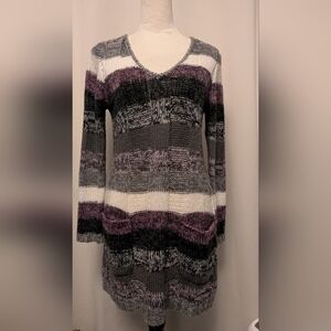 Ultra Flirt Long Sleeve Striped Sweater- Gray, Pink, White